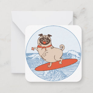 Wave riding happy pug dog on surfboard  card