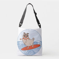 Wave riding happy pug dog on surfboard
