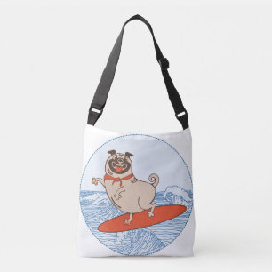 Wave riding happy pug dog on surfboard crossbody bag