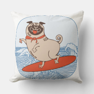 Wave riding happy pug dog on surfboard cufflinks cushion