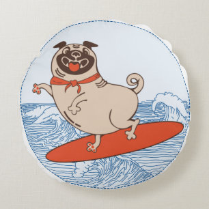Wave riding happy pug dog on surfboard cufflinks round cushion