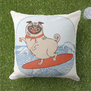 Wave riding happy pug dog on surfboard  cushion