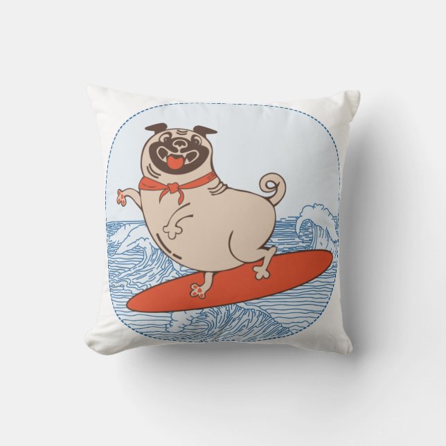 Wave riding happy pug dog on surfboard   cushion (Front)