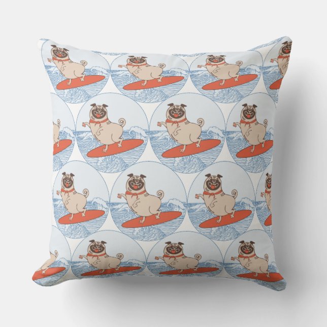 Wave riding happy pug dog on surfboard  cushion (Front)