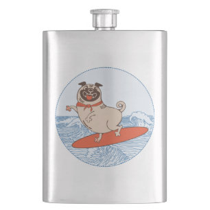Wave riding happy pug dog on surfboard hip flask
