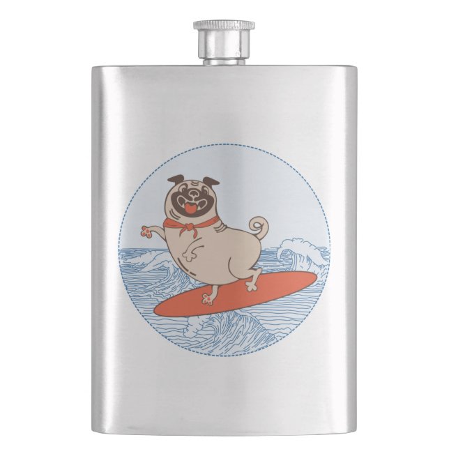 Wave riding happy pug dog on surfboard  hip flask (Front)
