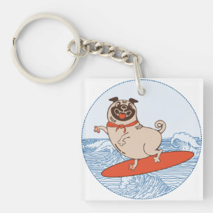 Wave riding happy pug dog on surfboard key ring