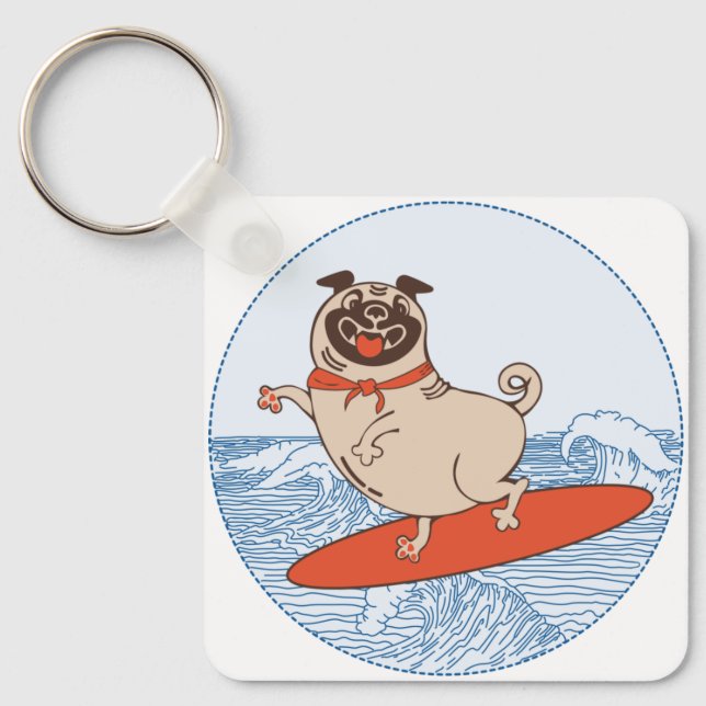 Wave riding happy pug dog on surfboard   key ring (Front)