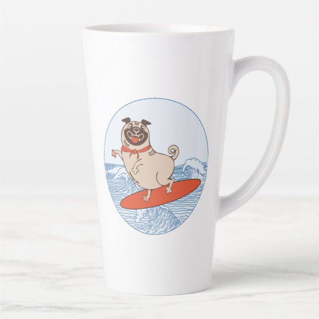 Wave riding happy pug dog on surfboard  latte mug (Right)