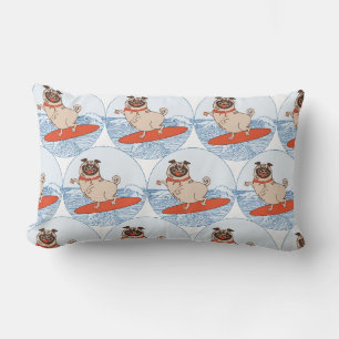 Wave riding happy pug dog on surfboard lumbar cushion