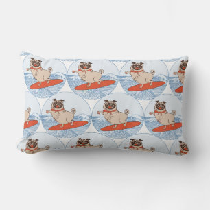 Wave riding happy pug dog on surfboard  lumbar pil cushion