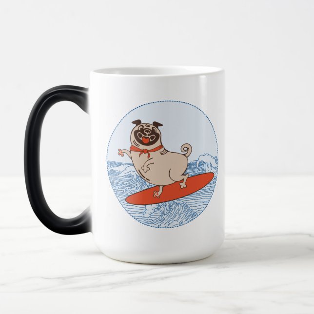 Wave riding happy pug dog on surfboard  magic mug (Left)