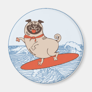Wave riding happy pug dog on surfboard magnet