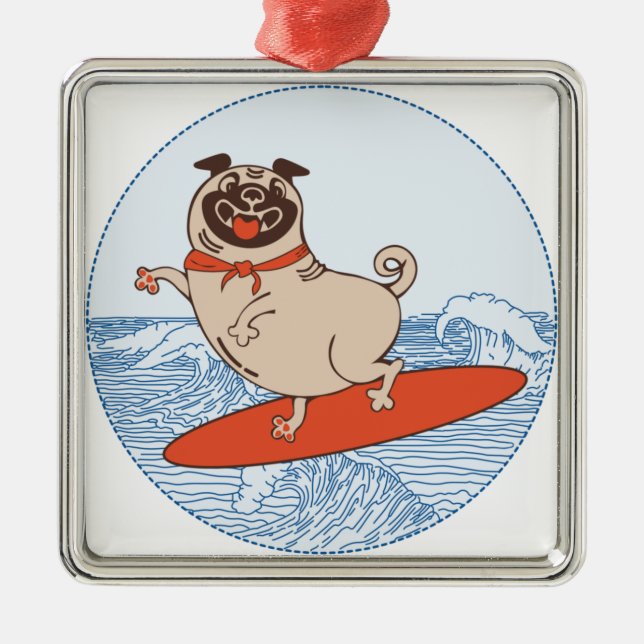 Wave riding happy pug dog on surfboard   metal tree decoration (Front)
