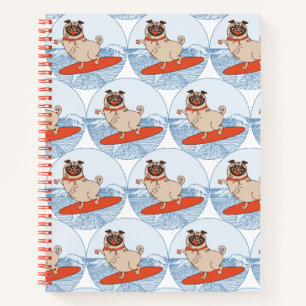 Wave riding happy pug dog on surfboard notebook