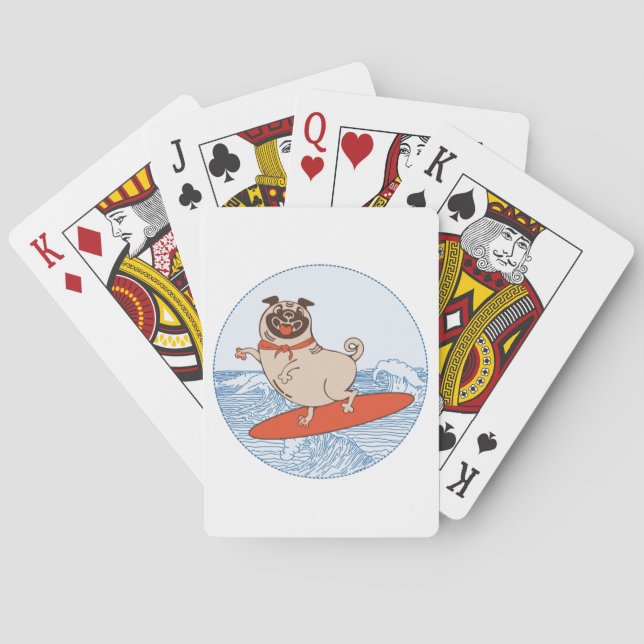 Wave riding happy pug dog on surfboard  playing cards (Back)