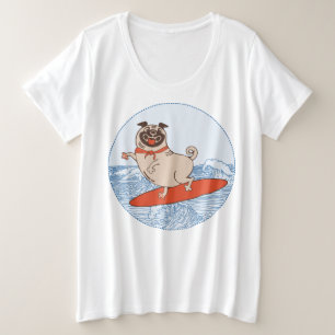 Wave riding happy pug dog on surfboard plus size T-Shirt