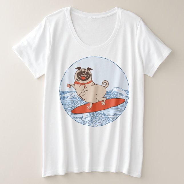 Wave riding happy pug dog on surfboard plus size T-Shirt (Design Front)