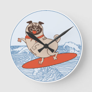 Wave riding happy pug dog on surfboard   round clock