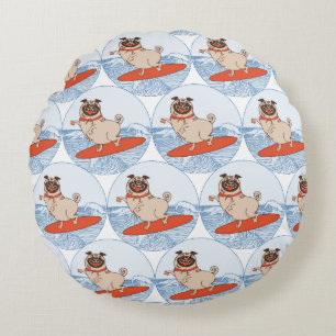 Wave riding happy pug dog on surfboard   round cushion