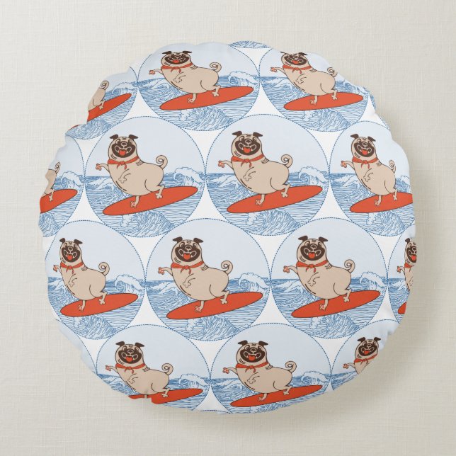 Wave riding happy pug dog on surfboard   round cushion (Front)