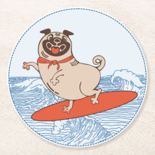 Wave riding happy pug dog on surfboard round paper coaster