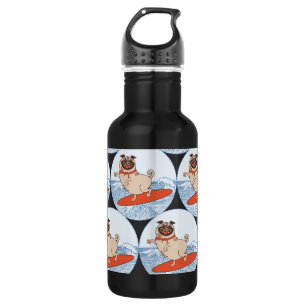 Wave riding happy pug dog on surfboard scarf band 532 ml water bottle
