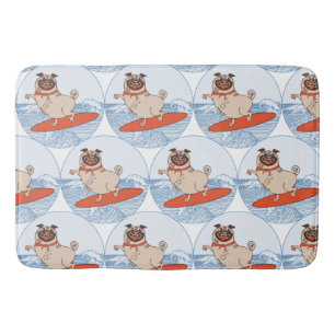 Wave riding happy pug dog on surfboard  scarf band bath mat