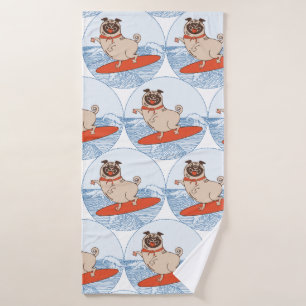 Wave riding happy pug dog on surfboard scarf band bath towel