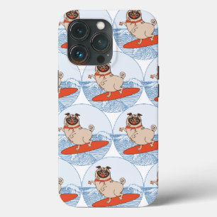 Wave riding happy pug dog on surfboard  scarf band iPhone 13 pro case