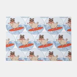 Wave riding happy pug dog on surfboard scarf band doormat
