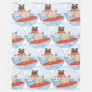 Wave riding happy pug dog on surfboard scarf band fleece blanket