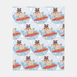 Wave riding happy pug dog on surfboard scarf band fleece blanket