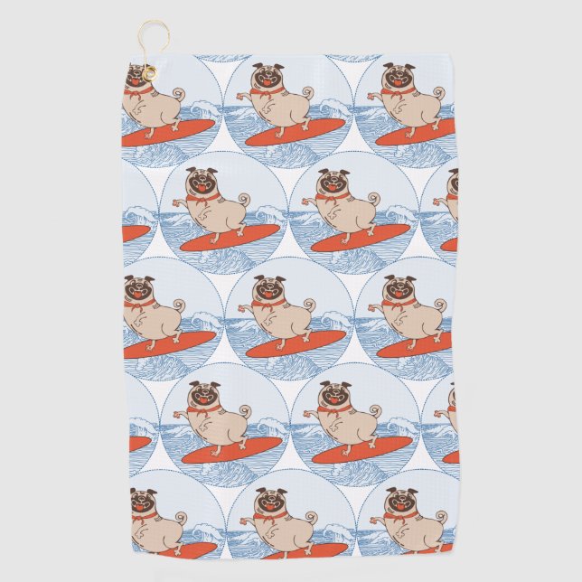 Wave riding happy pug dog on surfboard  scarf band golf towel (Front)