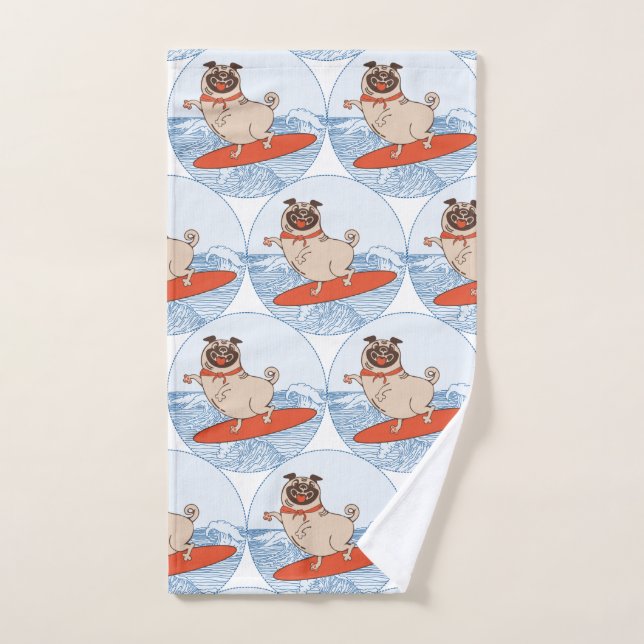 Wave riding happy pug dog on surfboard  scarf band hand towel (Hand Towel)
