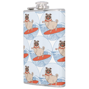 Wave riding happy pug dog on surfboard scarf band hip flask