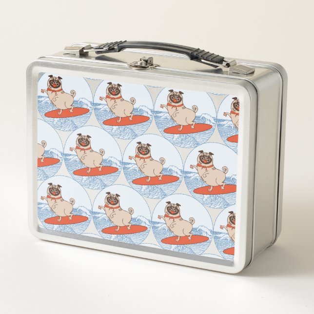 Wave riding happy pug dog on surfboard  scarf band metal lunch box (Front)