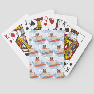 Wave riding happy pug dog on surfboard scarf band playing cards