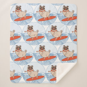 Wave riding happy pug dog on surfboard scarf band sherpa blanket