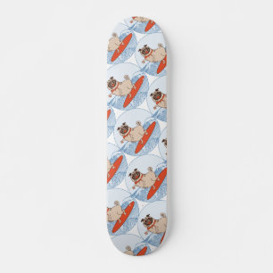 Wave riding happy pug dog on surfboard  scarf band skateboard