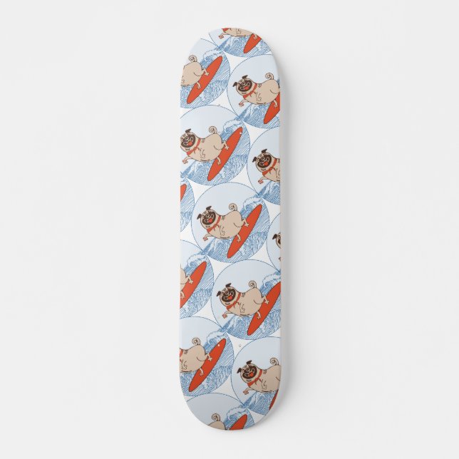 Wave riding happy pug dog on surfboard  scarf band skateboard (Front)