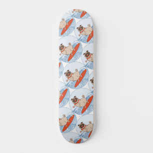 Wave riding happy pug dog on surfboard  scarf band skateboard