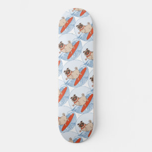 Wave riding happy pug dog on surfboard  scarf band skateboard