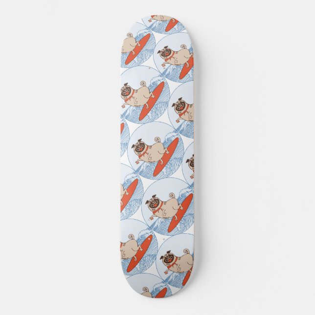 Wave riding happy pug dog on surfboard  scarf band skateboard (Front)