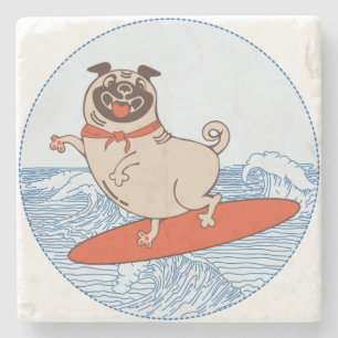 Wave riding happy pug dog on surfboard stone coaster