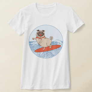 Wave riding happy pug dog on surfboard  T-Shirt