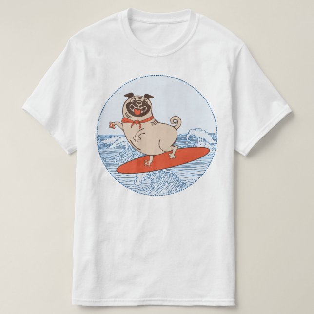 Wave riding happy pug dog on surfboard  T-Shirt (Design Front)