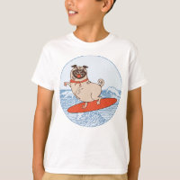 Wave riding happy pug dog on surfboard T-Shirt