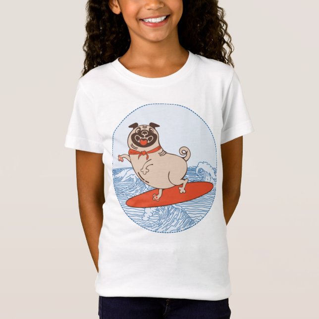 Wave riding happy pug dog on surfboard  T-Shirt (Front)