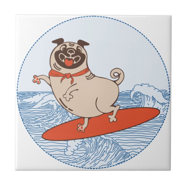Wave riding happy pug dog on surfboard   tile (Front)